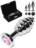 Grooved Rosebud Stainless Steel Buttplug Pink Crystal - Small